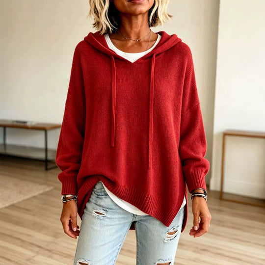 Damen Oversize-Kapuzensweater aus feinem Strick mit gerippten Bündchen Nord Taschen