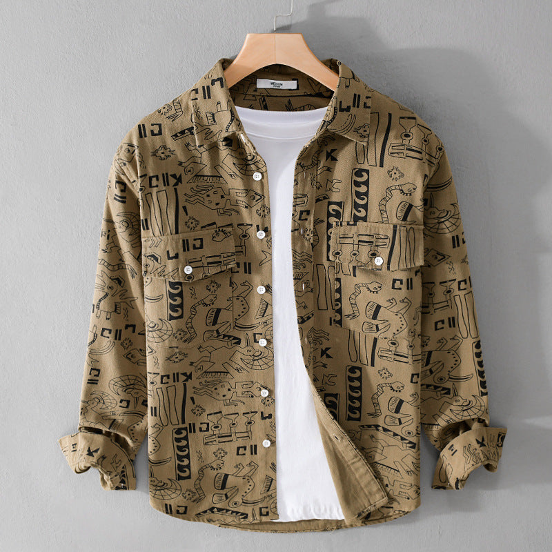Herren Leichtes Baumwoll-Overshirt mit künstlerischem Linien-Print und doppelter Brusttasche Nord Taschen