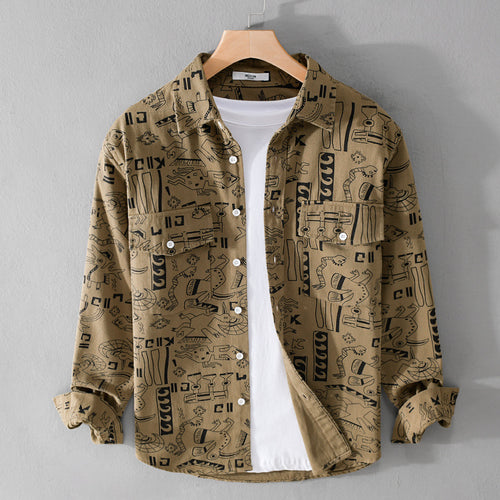 Herren Leichtes Baumwoll-Overshirt mit künstlerischem Linien-Print und doppelter Brusttasche Nord Taschen