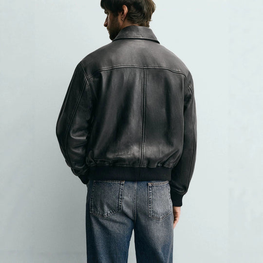 Herren Glattleder-Blouson im Fliegerstil mit Hemdkragen und aufgesetzten Klappentaschen Nord Taschen
