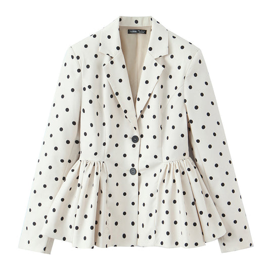 Damen Gepunkteter Peplum-Blazer mit Reverskragen und Taillenraffung Nord Taschen