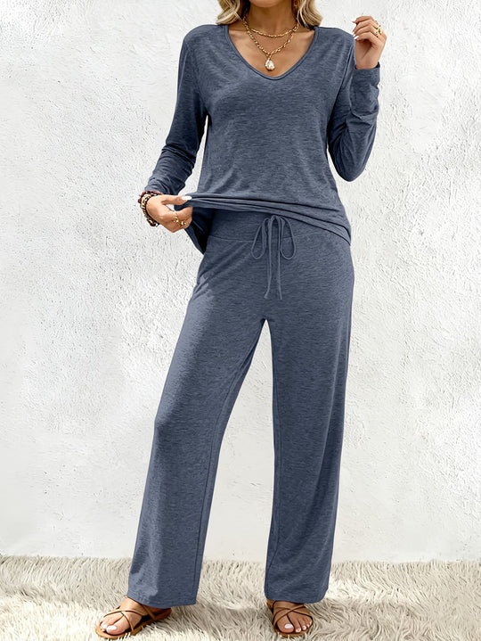 Damen Lounge-Set aus weichem Viskose-Modal-Mix mit V-Ausschnitt, Tunnelzughose und weitem Bein Nord Taschen