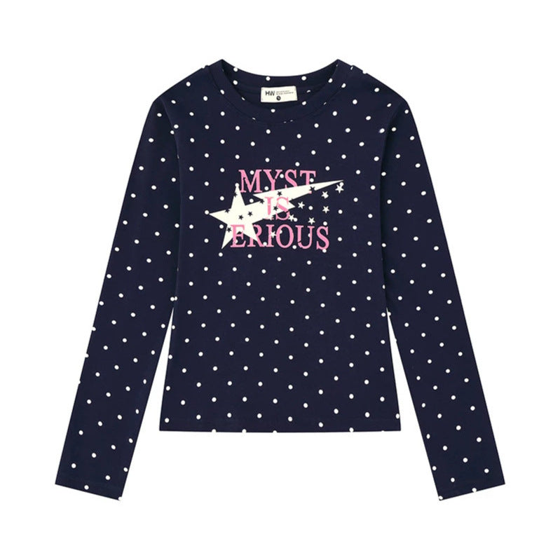Damen Langarmshirt mit V-Ausschnitt, Polka-Dots und Statement-Print aus Baumwolljersey Nord Taschen