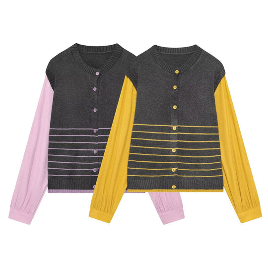 Damen Lagenlook-Strickcardigan mit gestreiftem Westeinsatz und Volumenärmeln Nord Taschen