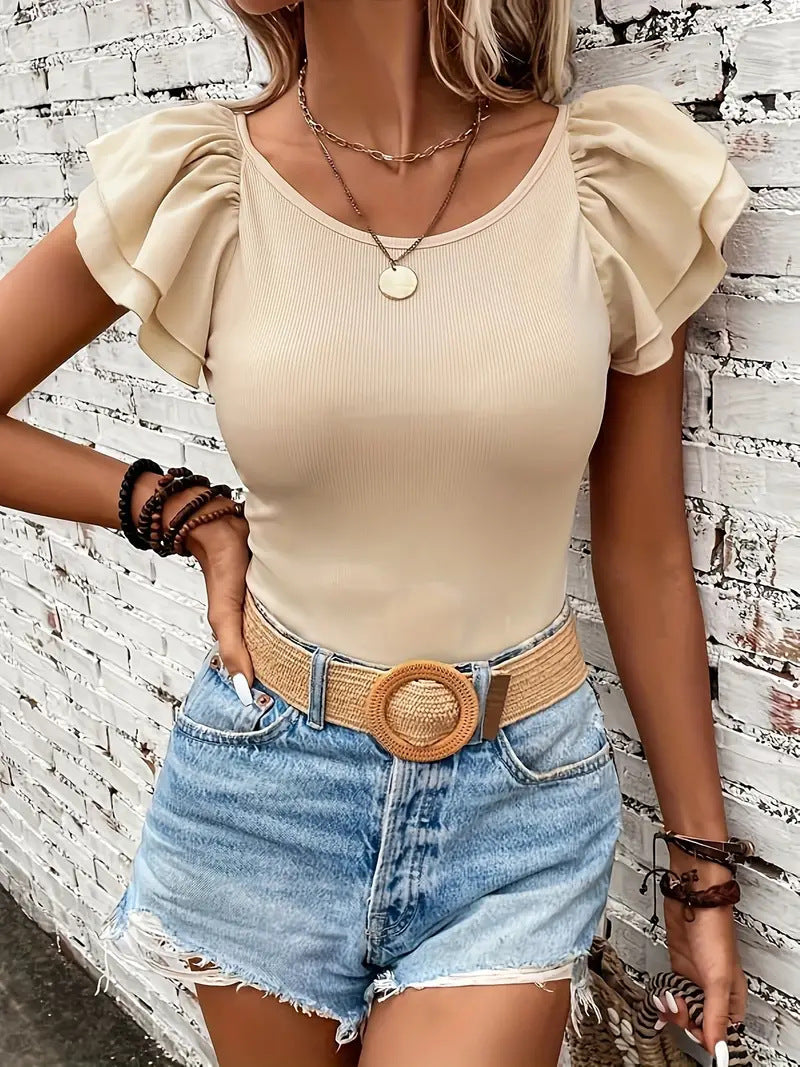 Damen Rippstrickoberteil mit Volants
