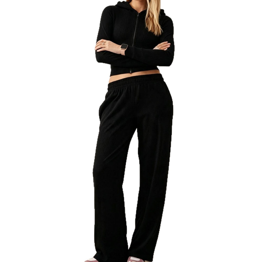 Damen Zweiteiliges Loungewear-Set geripptes Crop-Kapuzenoberteil mit Reißverschluss und Daumenloch sowie weiter Jogginghose Nord Taschen
