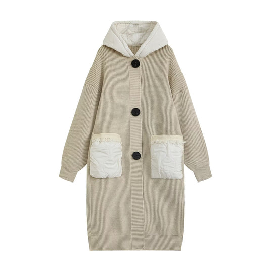 Damen Longline Grobstrickmantel mit gesteppter Kapuze und übergroßen Fronttaschen Nord Taschen