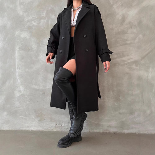 Damen Oversize Wollmix-Mantel mit doppelreihiger Knopfleiste und Taillengürtel Nord Taschen