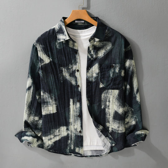 Herren Langarm-Hemdjacke mit abstraktem Pinselprint und feiner Crinkle‑Struktur Nord Taschen
