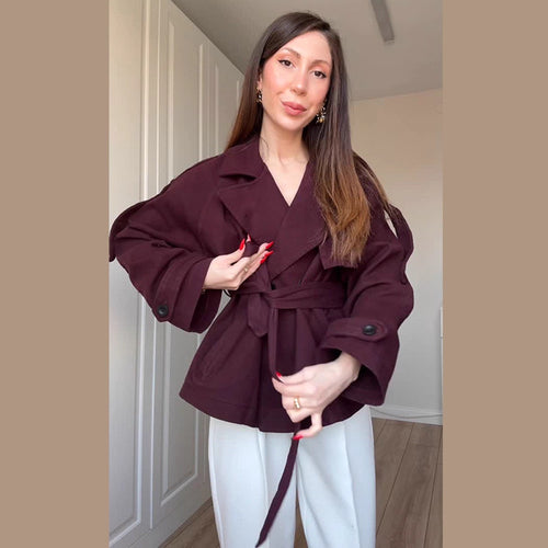 Damen Kurzjacke im Trenchstil mit Taillengürtel, Oversize-Ärmeln und kastiger Cropped-Silhouette Nord Taschen