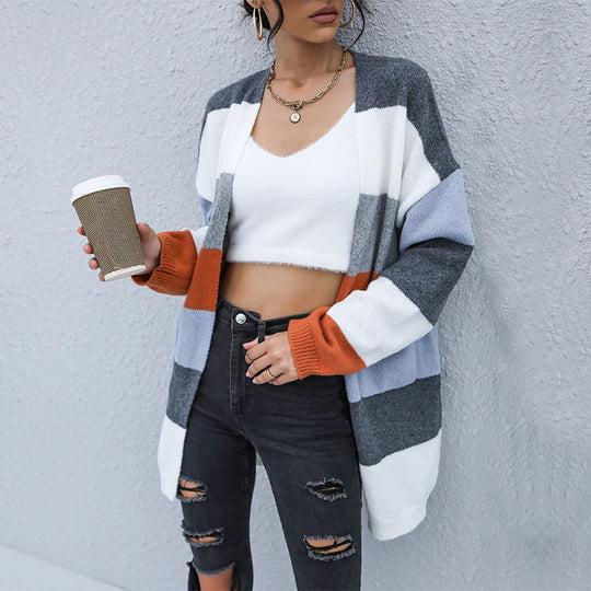 Damen Oversize-Cardigan mit breitem Blockstreifen, offener Front & lässiger Schulter Nord Taschen