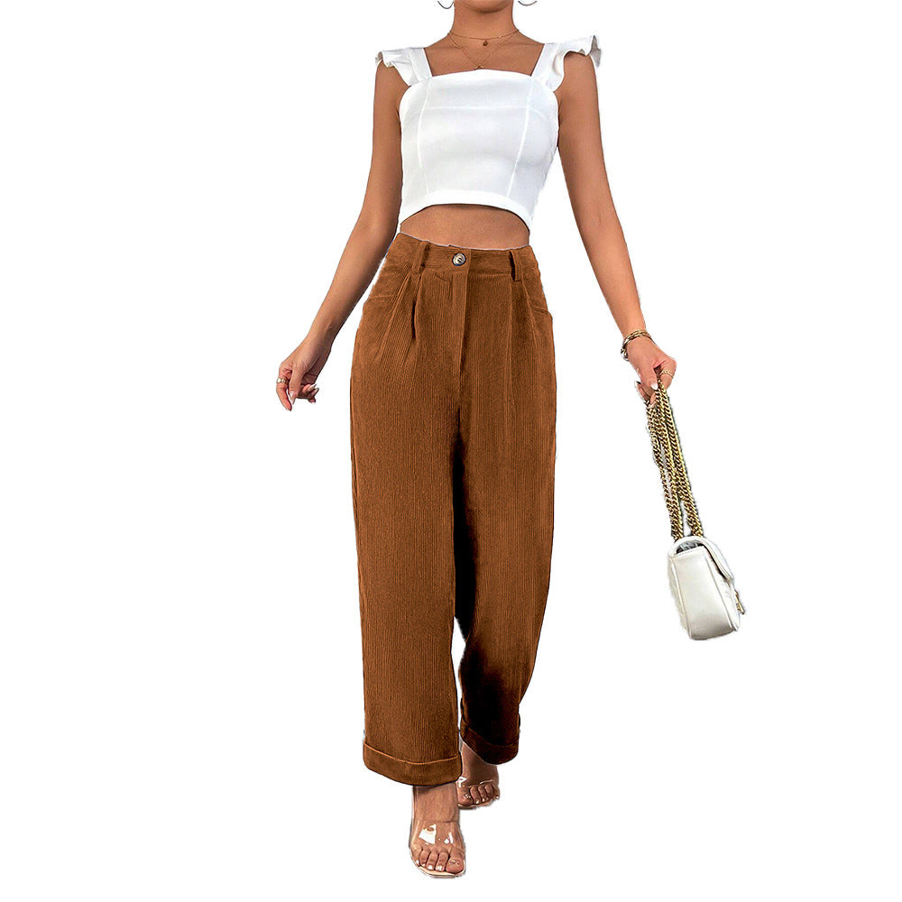 Damen hochgeschnittene Cordhose mit weitem Bein, Bundfalten und umgeschlagenem Saum Nord Taschen