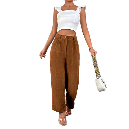 Damen hochgeschnittene Cordhose mit weitem Bein, Bundfalten und umgeschlagenem Saum Nord Taschen