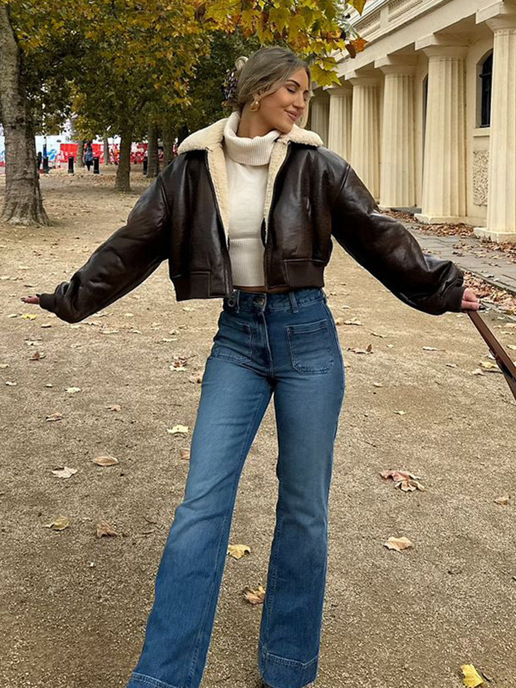 Damen Kurz geschnittene Fliegerjacke mit Teddy-Futter und Oversized-Ärmeln Nord Taschen