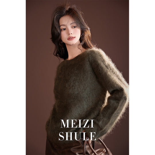 Damen Flauschiger Mohair-Optik Strickpullover mit Rundhalsausschnitt Nord Taschen