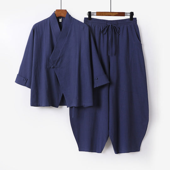 Herren Minimalistisches Kimono-Lounge-Set aus atmungsaktivem Baumwollmix mit ballonförmiger Bundhose Nord Taschen