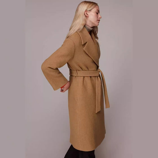 Damen Midilanger Wollmix‑Longmantel mit minimalem Schalkragen und relaxed Silhouette Nord Taschen