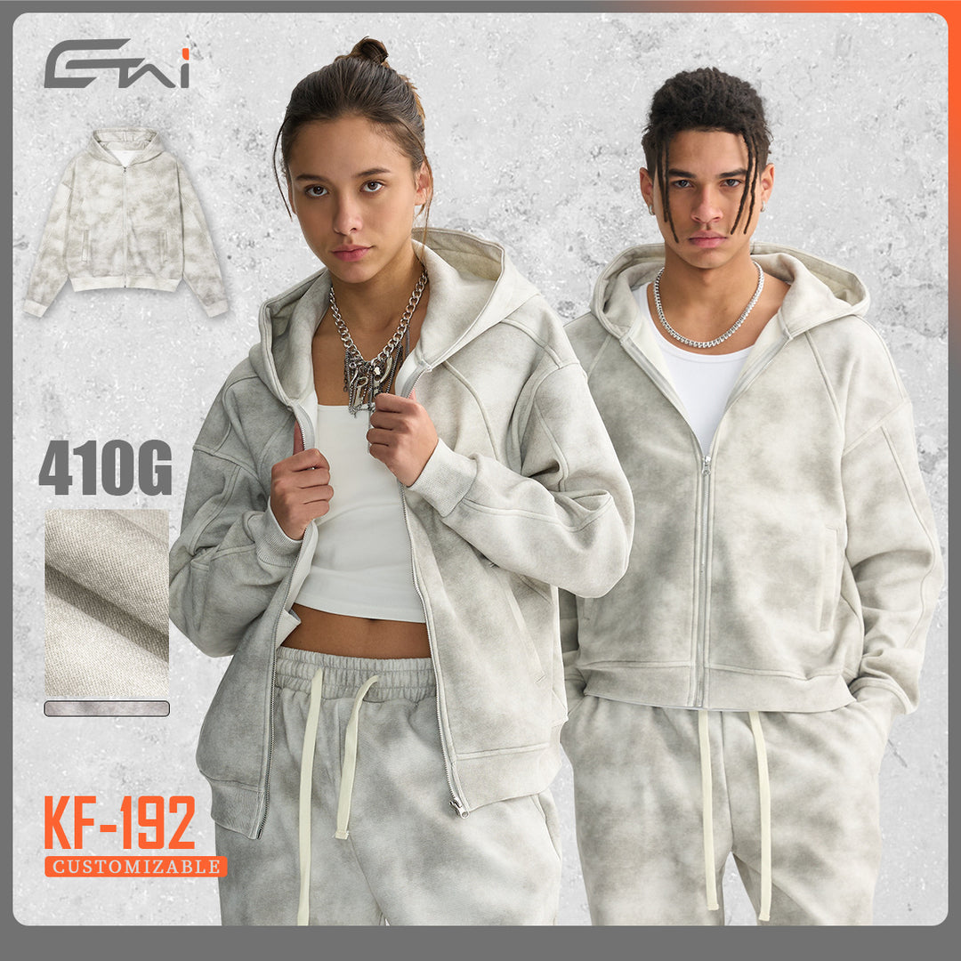 Unisex Boxy-Reißverschluss-Hoodie mit Nebel-Waschung und Raglanärmeln Nord Taschen