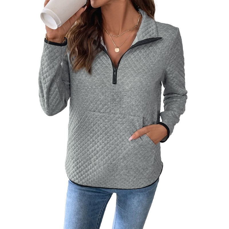 Damen Stepp-Sweatshirt mit halbem Reißverschluss, Stehkragen und Kängurutasche Nord Taschen
