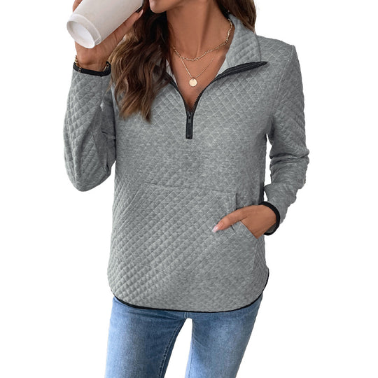 Damen Stepp-Sweatshirt mit halbem Reißverschluss, Stehkragen und Kängurutasche Nord Taschen