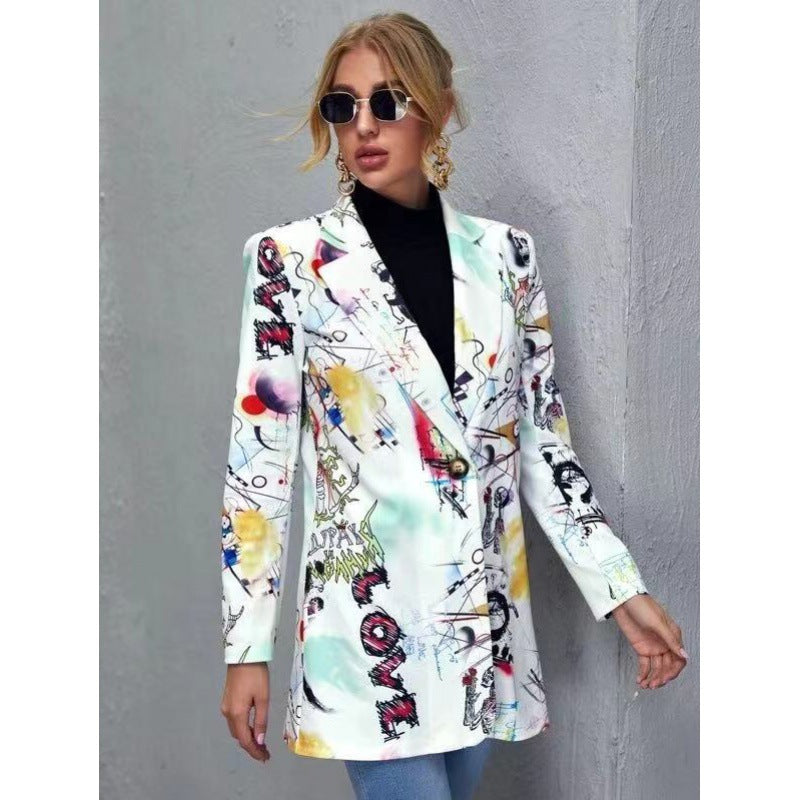 Damen Bedruckter Longblazer mit grafischem Street‑Art‑Muster und tailliertem Schnitt Nord Taschen