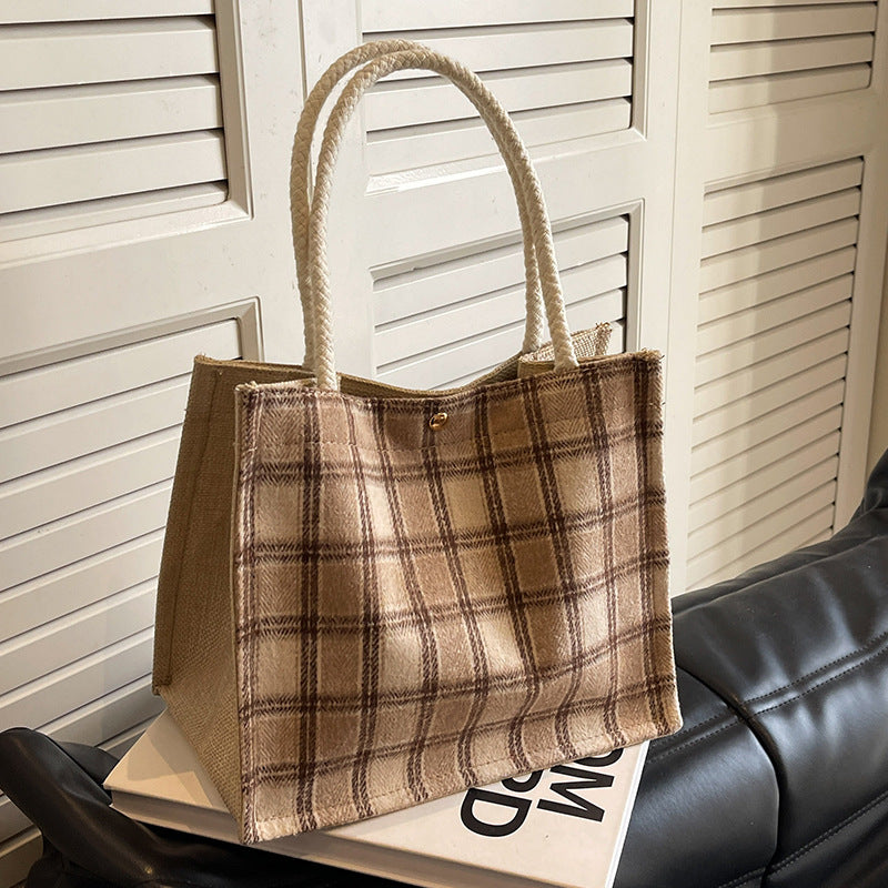 Damen Jute-Shopper mit modernem Karomuster und robusten Griffen Nord Taschen