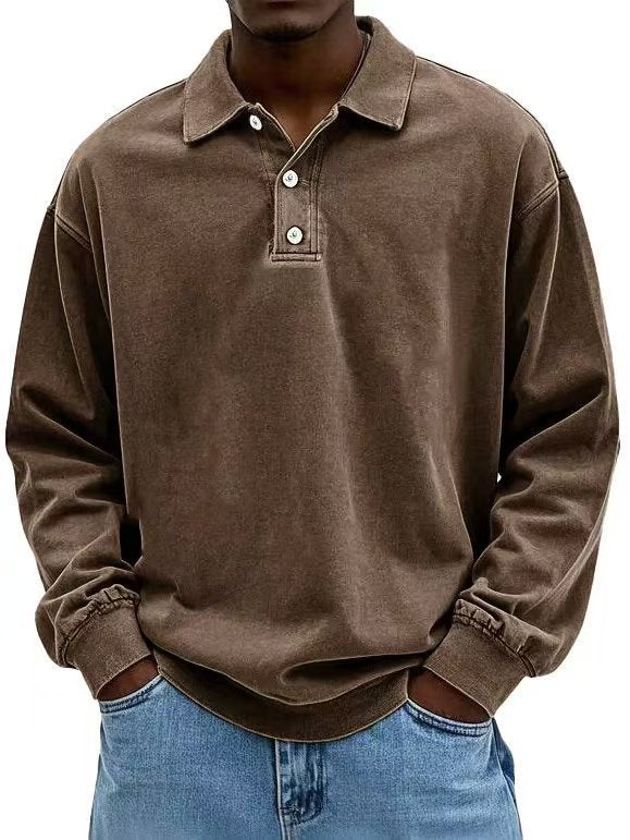 Herren nan lässiges Poloshirt-Sweatshirt mit Kragen, Vintage-Waschung und dreiteiliger Knopfleiste