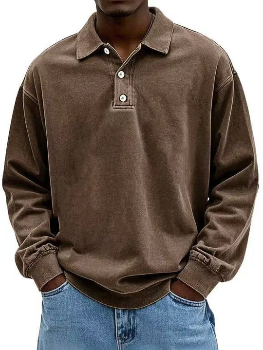 Herren nan lässiges Poloshirt-Sweatshirt mit Kragen, Vintage-Waschung und dreiteiliger Knopfleiste