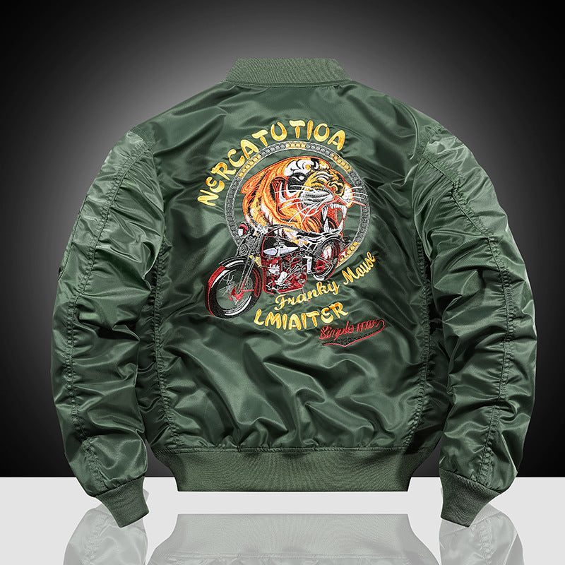 Herren bestickte Nylon-Flightjacke mit großflächigem Tiger- und Motorradmotiv Nord Taschen
