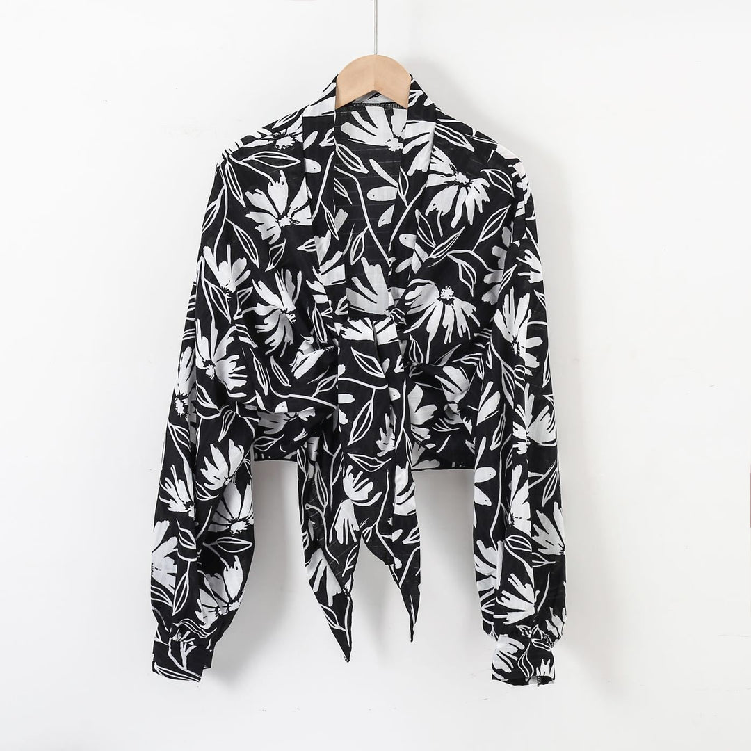Damen nan florale Knoten-Bluse im Wickelstil mit Ballonärmeln und leichter Leinenoptik