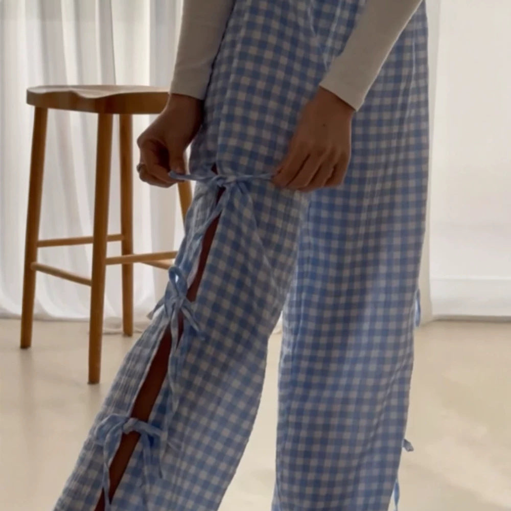Damen High‑Waist Leinenoptik-Hose mit Gingham-Karo, weitem Bein & seitlichen Bändchen-Details Nord Taschen