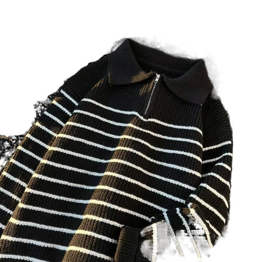Unisex Grobgestrickter Oversize-Pullover mit halbem Reißverschluss und Polokragen Nord Taschen