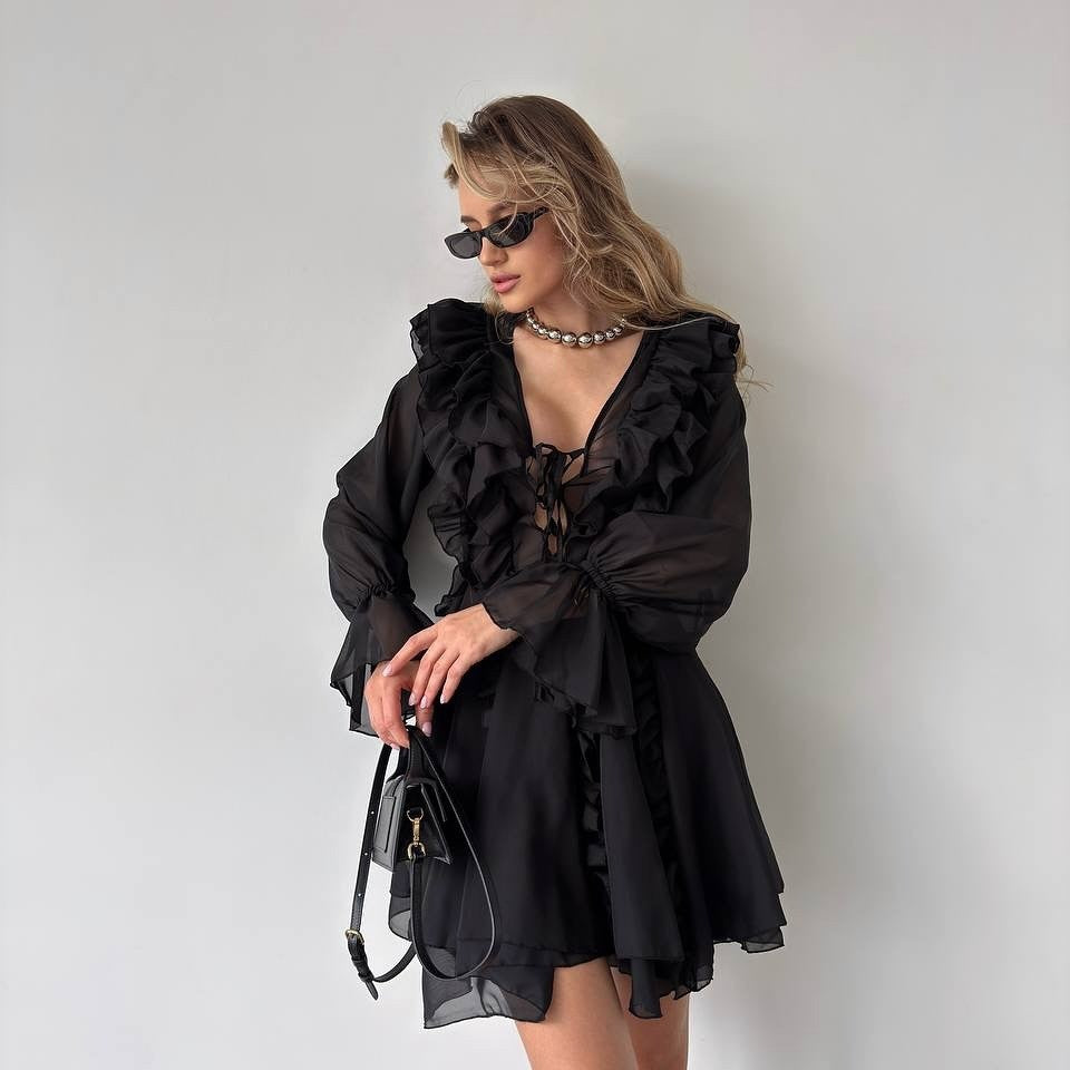 Damen Chiffon-Minikleid mit Volants, tiefem V-Ausschnitt und Ballonärmeln Nord Taschen