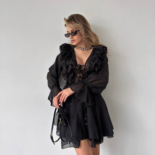 Damen Chiffon-Minikleid mit Volants, tiefem V-Ausschnitt und Ballonärmeln Nord Taschen