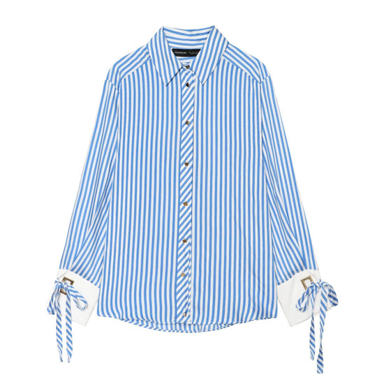 Damen Oversize-Bluse mit Streifen, abgesetzten Manschetten, Schleifendetail und Zierknöpfen Nord Taschen