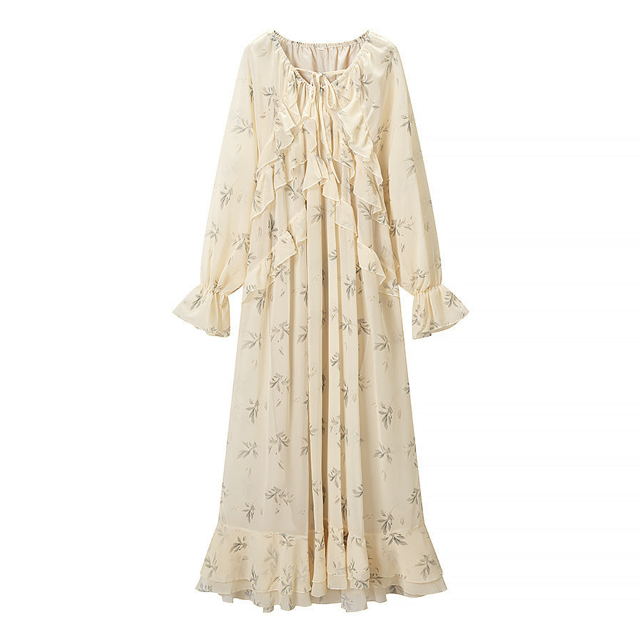 Damen Maxikleid mit Volants, langem Glockenärmel und floralem Chiffon-Design Nord Taschen