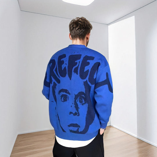 Herren Oversized Grafik‑Intarsienpullover mit tiefem Rückmotiv und Rundhalsausschnitt Nord Taschen