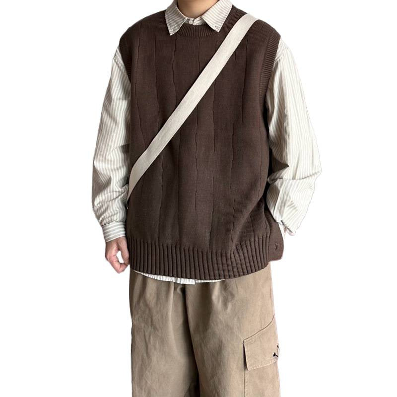 Herren Oversized Ärmellose Strickweste mit geripptem Saum und Rundhalsausschnitt Nord Taschen