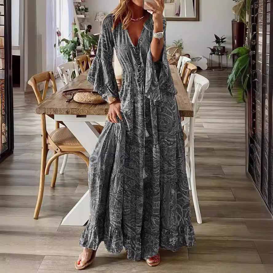 Damen Boho-Maxikleid mit Paisley‑Print, V‑Ausschnitt, Volantärmeln und Taillen‑Bindegürtel Nord Taschen