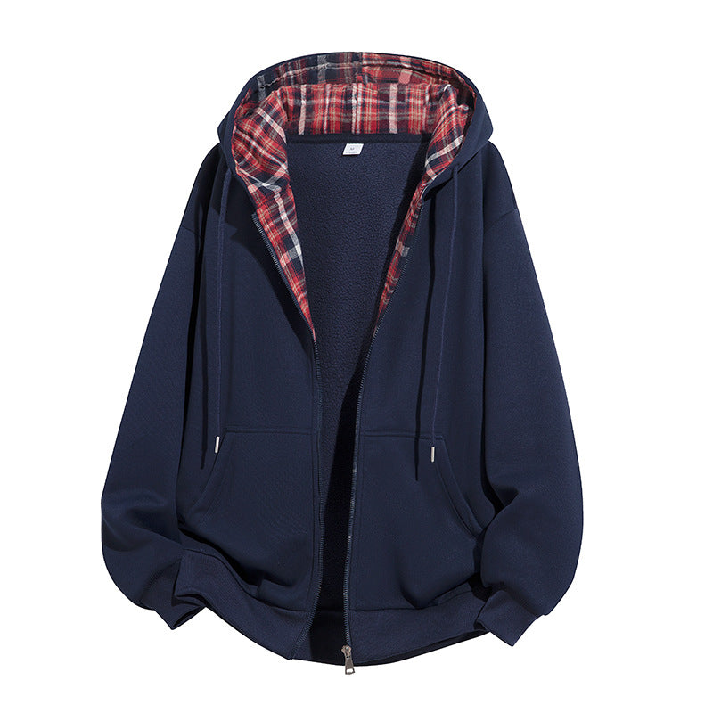 Herren Kapuzenjacke mit Teddy‑Fleece‑Futter und kariertem Kapuzeninnenfutter, durchgehendem Reißverschluss Nord Taschen