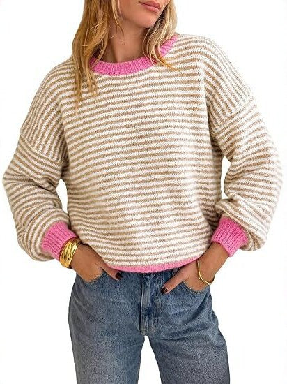 Damen Gestreifter Rippstrick-Pullover mit Kontrast-Bündchen Nord Taschen