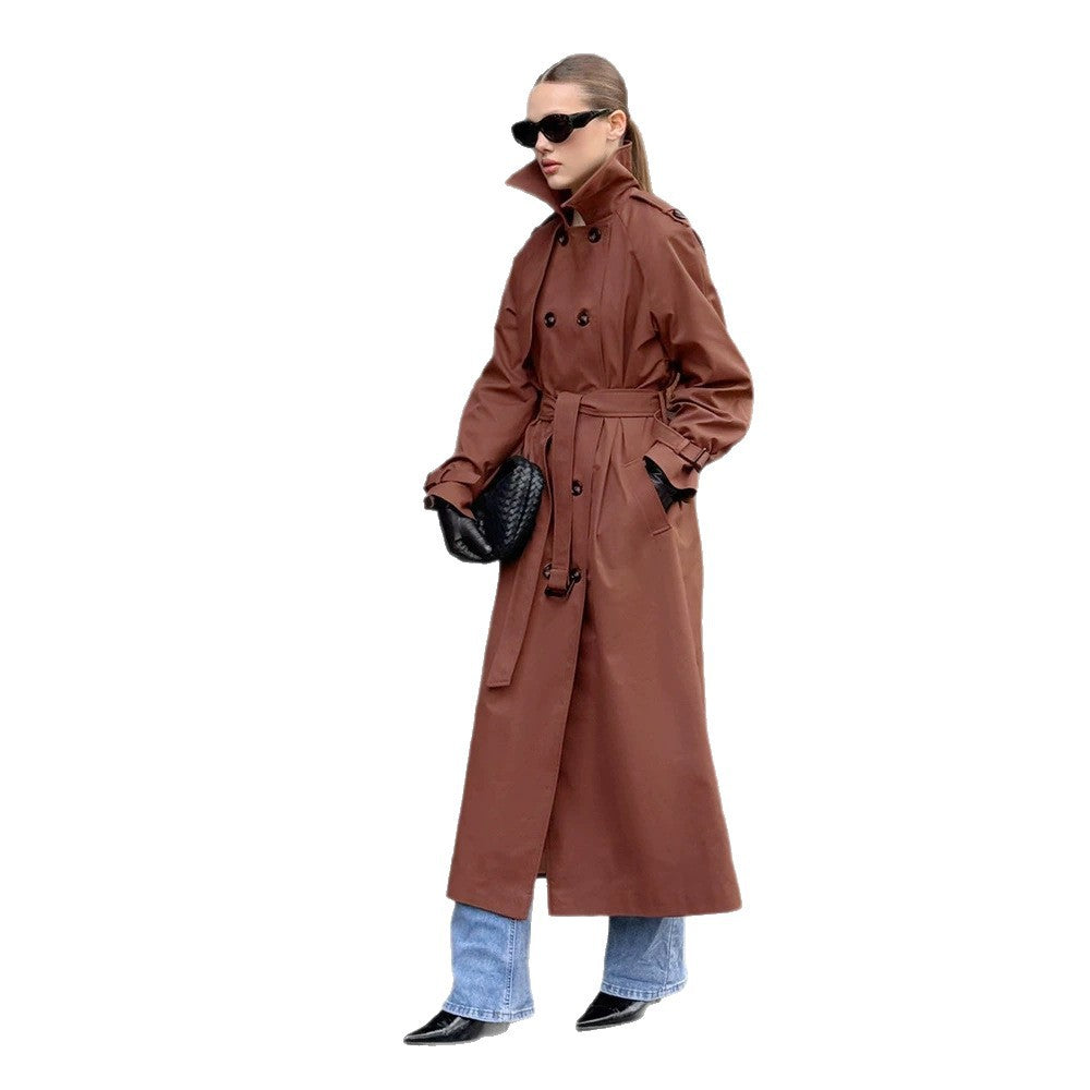 Damen Lang geschnittener wasserabweisender Trenchcoat mit hohem Stehkragen und Taillengürtel Nord Taschen