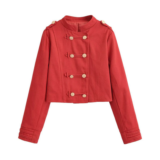 Damen Militärinspirierte Kurzjacke mit Stehkragen, Zierriegeln und goldenen Zierknöpfen Nord Taschen