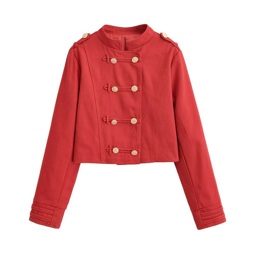 Damen Militärinspirierte Kurzjacke mit Stehkragen, Zierriegeln und goldenen Zierknöpfen Nord Taschen