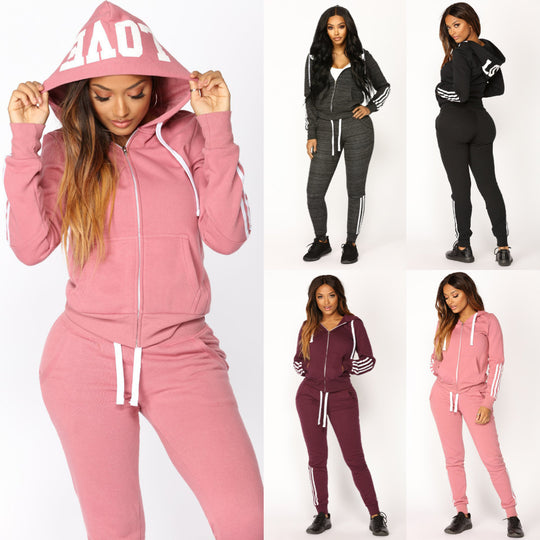 Damen sportliches Zip-Hoodie und Slim-Jogger-Set aus French-Terry mit kontrastierenden Streifen Nord Taschen
