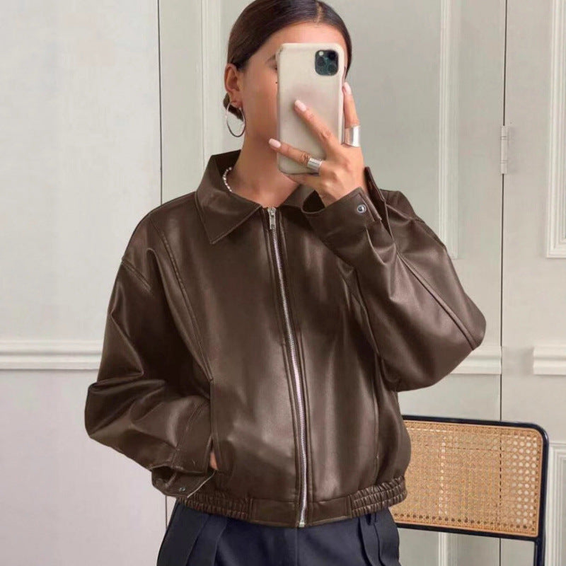 Damen Oversized Lederjacke im Bomberstil mit elastischem Saum Nord Taschen