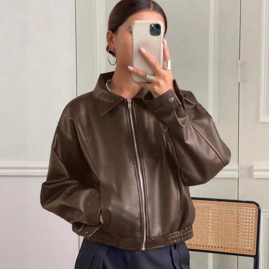 Damen Oversized Lederjacke im Bomberstil mit elastischem Saum Nord Taschen