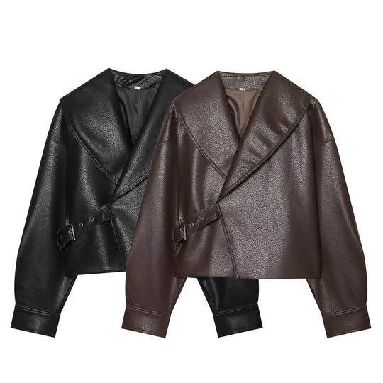 Damen Cropped Lederoptik-Blouson mit übergroßem Schalkragen und asymmetrischem Taillengürtel Nord Taschen