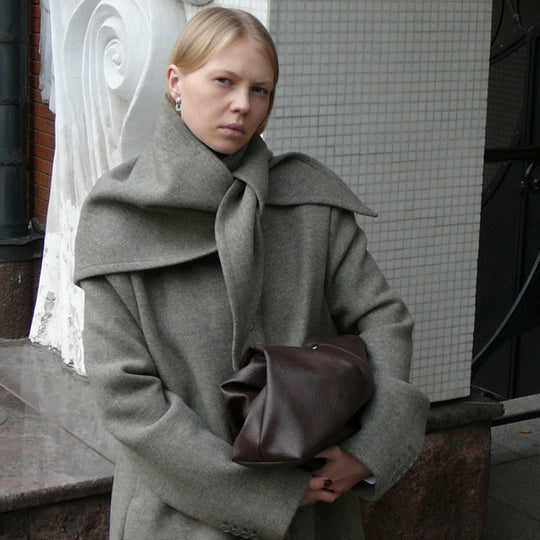 Damen Midilanger Wollmix-Mantel mit integriertem Loop-Schal Nord Taschen