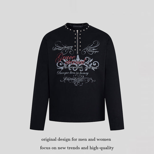 Damen Langarmshirt mit Halb-Reißverschluss, Nietenkragen und Barock-Schriftprint Nord Taschen
